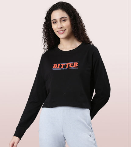 Enamor Drop Shoulder Sweat For Women | Cotton Terry Graphic Sweatshirt | E9G2