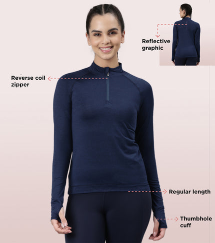 Enamor Long Sleeve Workout Tee | Slim Fit Troyer T-Shirt With Thumbhole For Women | A310