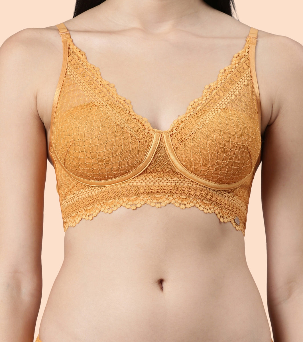 Enamor Pure Ease F125 Longline Comfort Lace Bra for Women - Padded, Wirefree and High Coverage