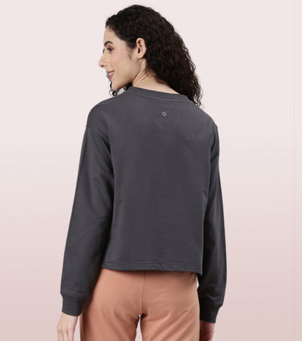 Enamor Drop Shoulder Sweat For Women | Cotton Terry Graphic Sweatshirt | E9G2