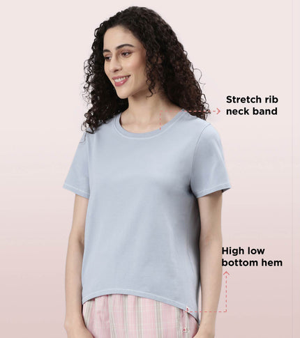  Enamor Basic Stretch Cotton Tee | Short Sleeve Crew Neck Tee For Women | E305