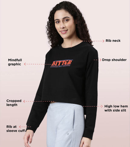 Enamor Drop Shoulder Sweat For Women | Cotton Terry Graphic Sweatshirt | E9G2