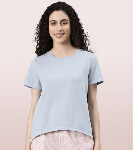  Enamor Basic Stretch Cotton Tee | Short Sleeve Crew Neck Tee For Women | E305