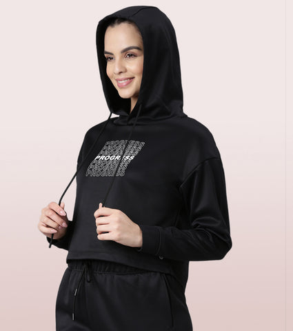 Enamor Hooded Fleece Sweatshirt | Relaxed Fit Crop Length Sweatshirt For Women | A905