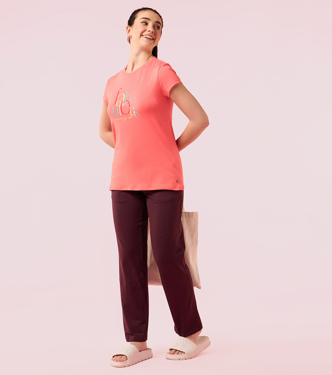 Enamor E147 Short Sleeve Crew Neck Stretch Cotton T-Shirt with Graphic Print - Coral Fabulous