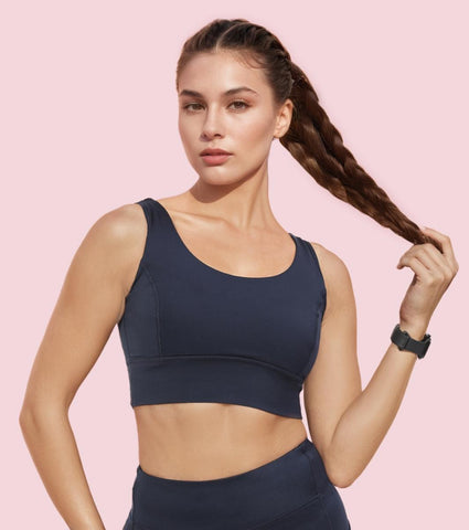 Enamor A206 Women's Criss Cross High Impact Long Line Sports Bra - High Support, Padded, High Coverage, Non-Wired - Navy