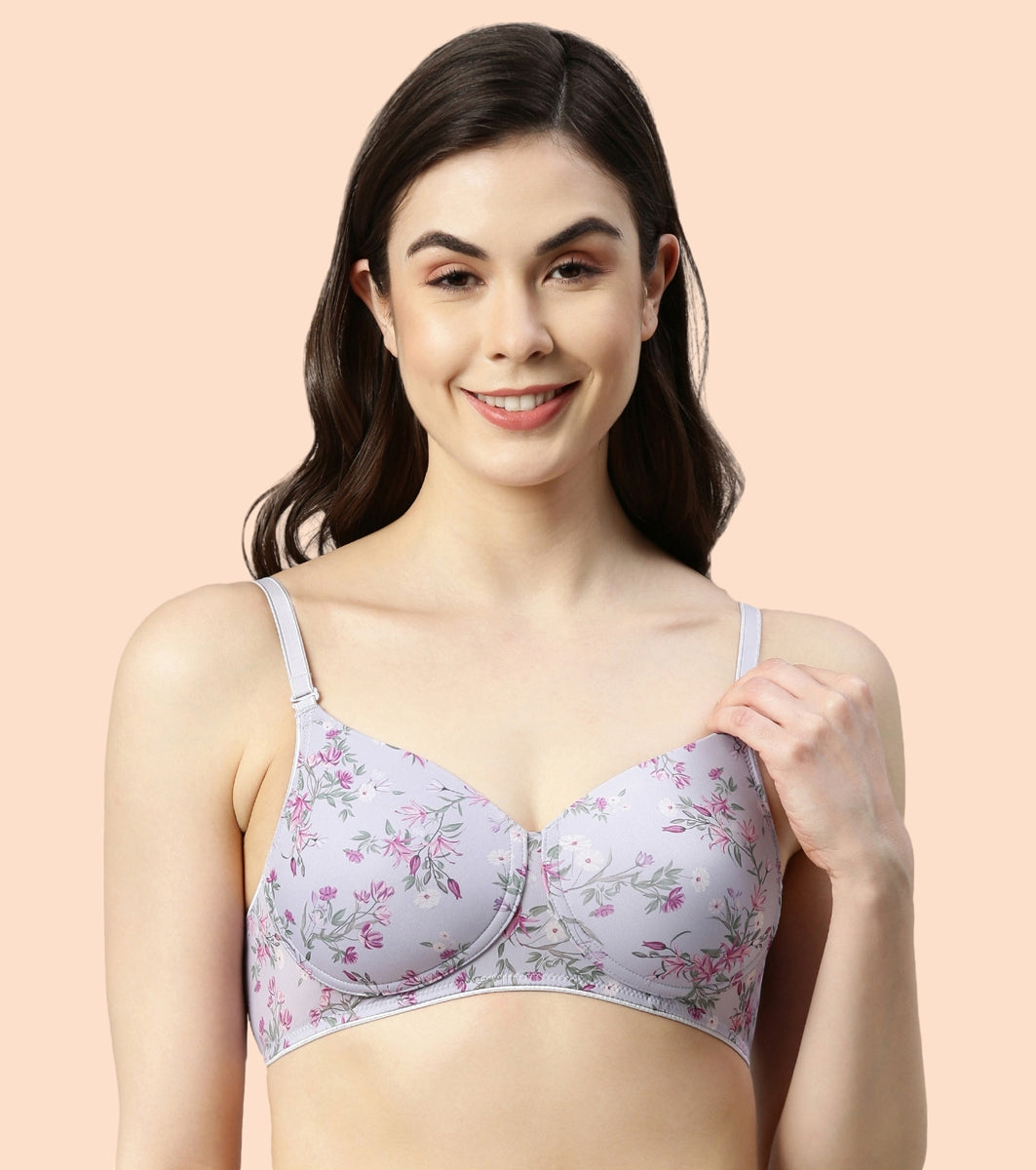 Enamor Dope Dye F165 Ecolite Fabric Smooth Support Bra for Women - Padded, Wirefree and High Coverage - Dainty Petal Print