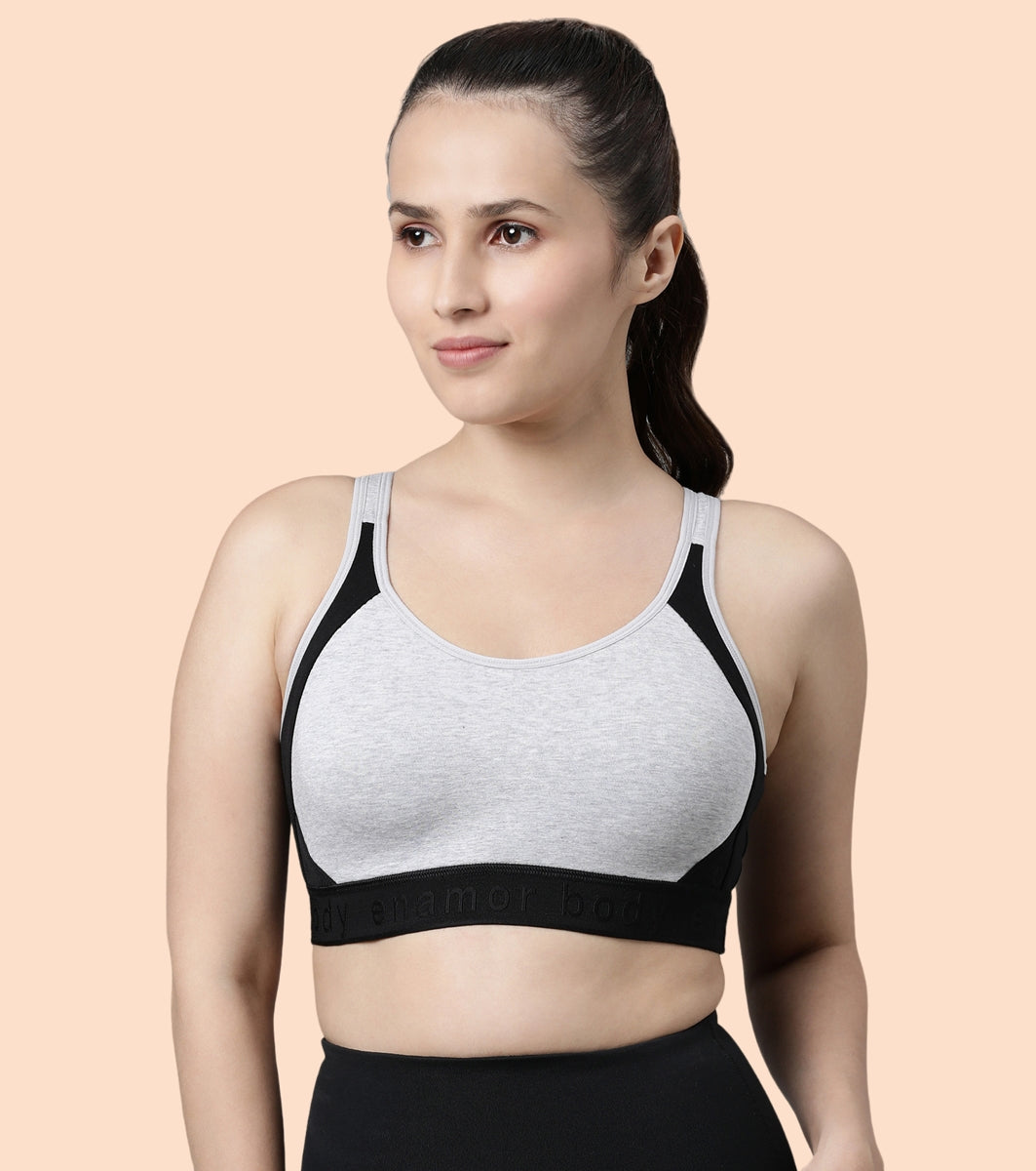 Enamor Agion SB28 Antimicrobial Side Shaper Active Sports Bra for Women - Non Padded, Wirefree and High Coverage - Grey Melange