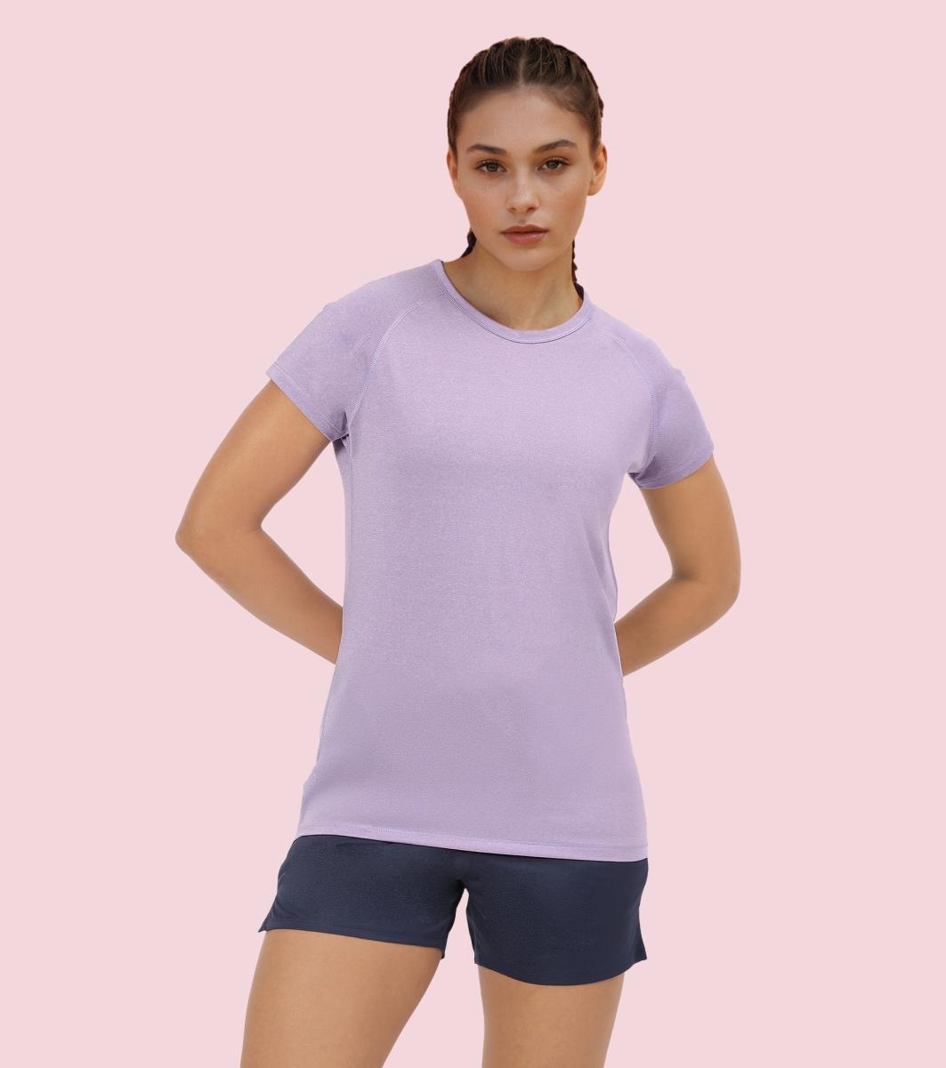 Enamor E089 Raglan Sleeve Scoop Neck Slim Fit Active T-Shirt With Reflective Graphic Print On Back - Chalky Violet Mel