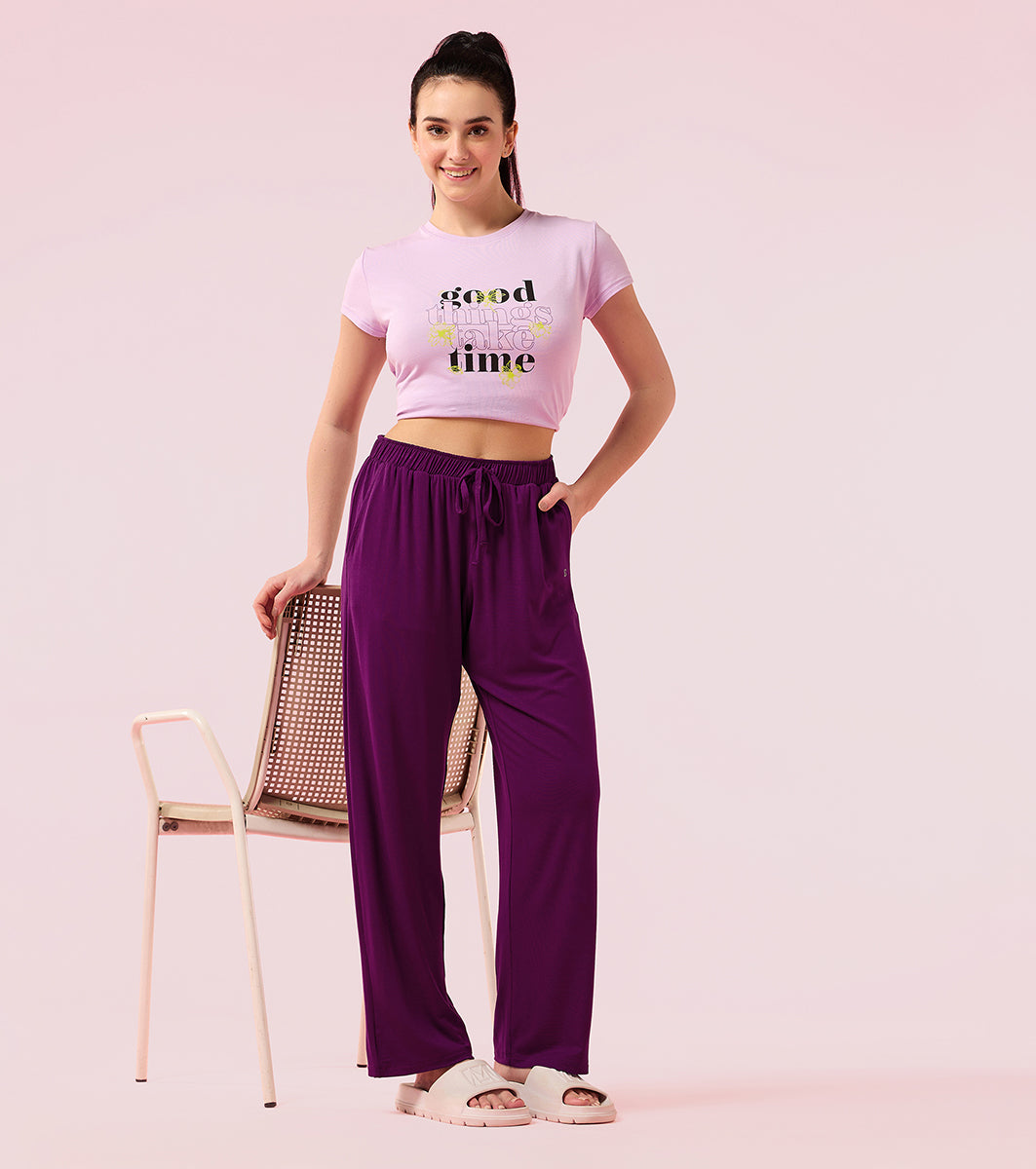 Enamor E404 Women's Home Pant - Relaxed Fit, Mid Rise, Regular Length, Straight Leg - Dark Purple