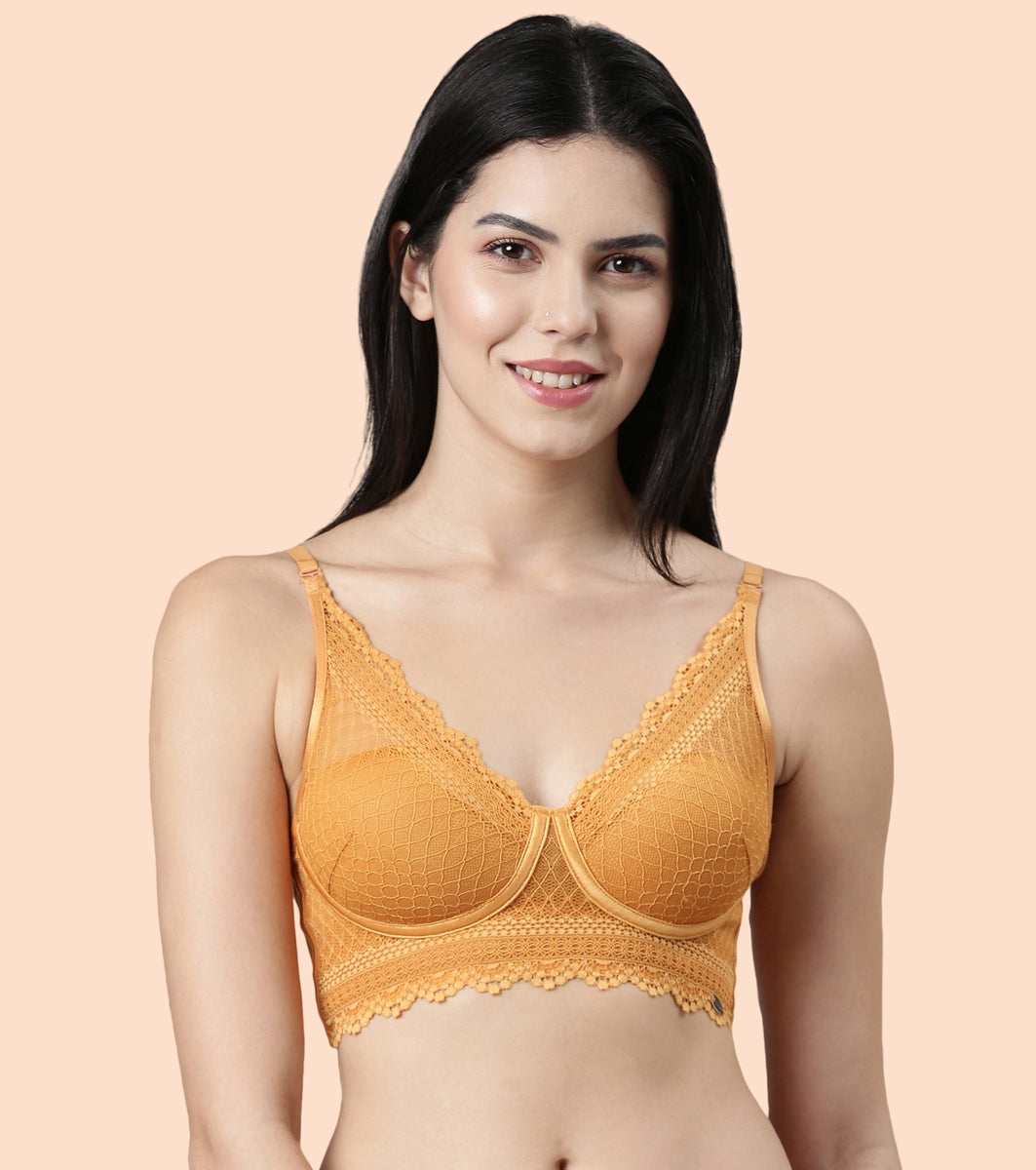 Enamor Pure Ease F125 Longline Comfort Lace Bra for Women - Padded, Wirefree and High Coverage