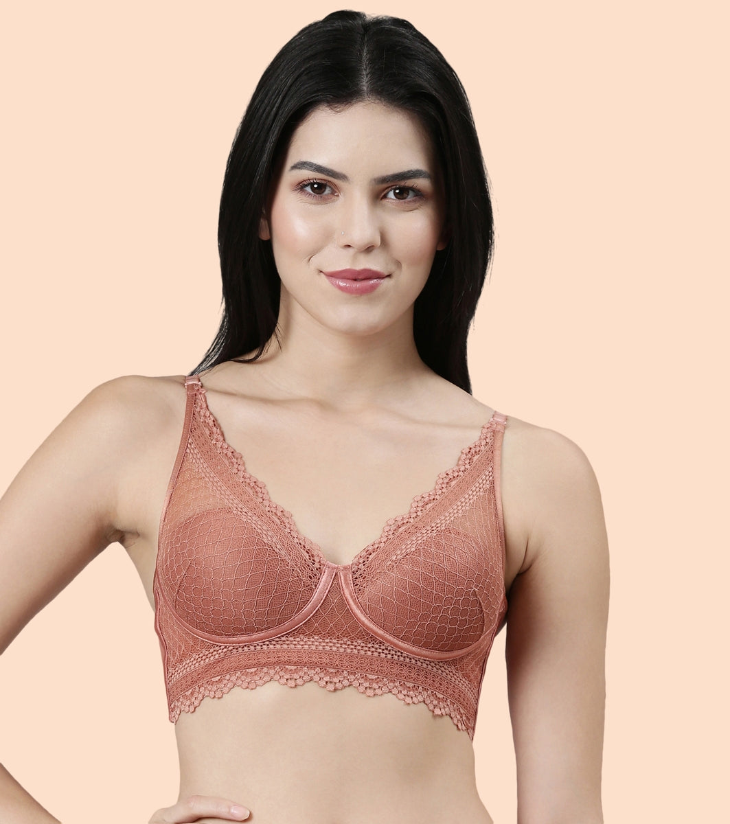 Enamor Pure Ease F125 Longline Comfort Lace Bra for Women - Padded, Wirefree and High Coverage