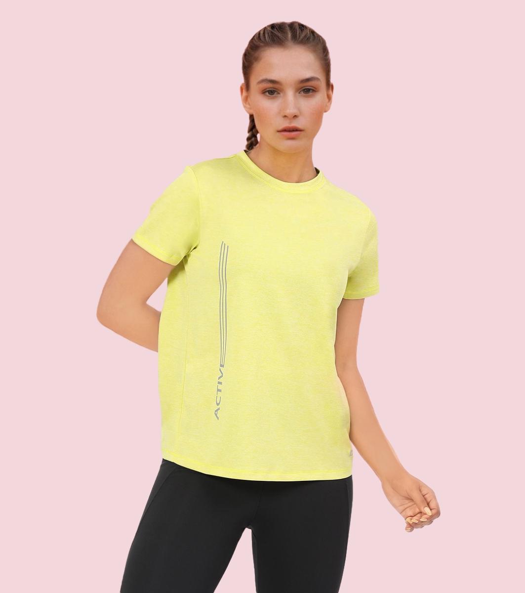 Enamor A309 Women Basic Workout Relaxed Fit Crew Neck Short Sleeve Tee with Reflective Active Graphic - Cyber Lime Mel