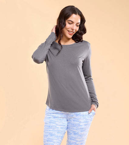 Enamor E309 Cozy Tee Viscose Scoop Neck Long Sleeves T-Shirt with Relaxed Fit