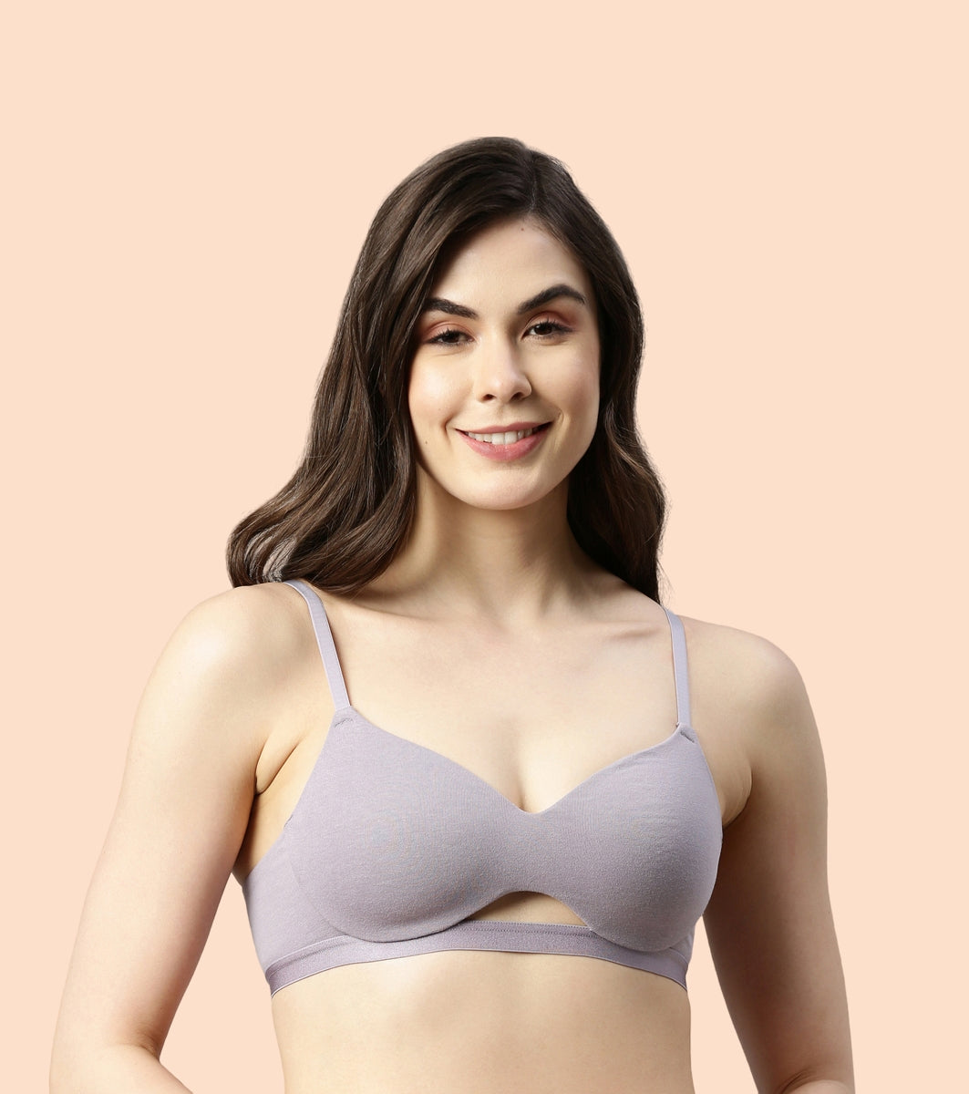 Enamor CloudSoft A032 Invisible Neckline Cotton T-shirt Bra for Women- Medium Coverage, Padded and Wirefree - Silver Lilac