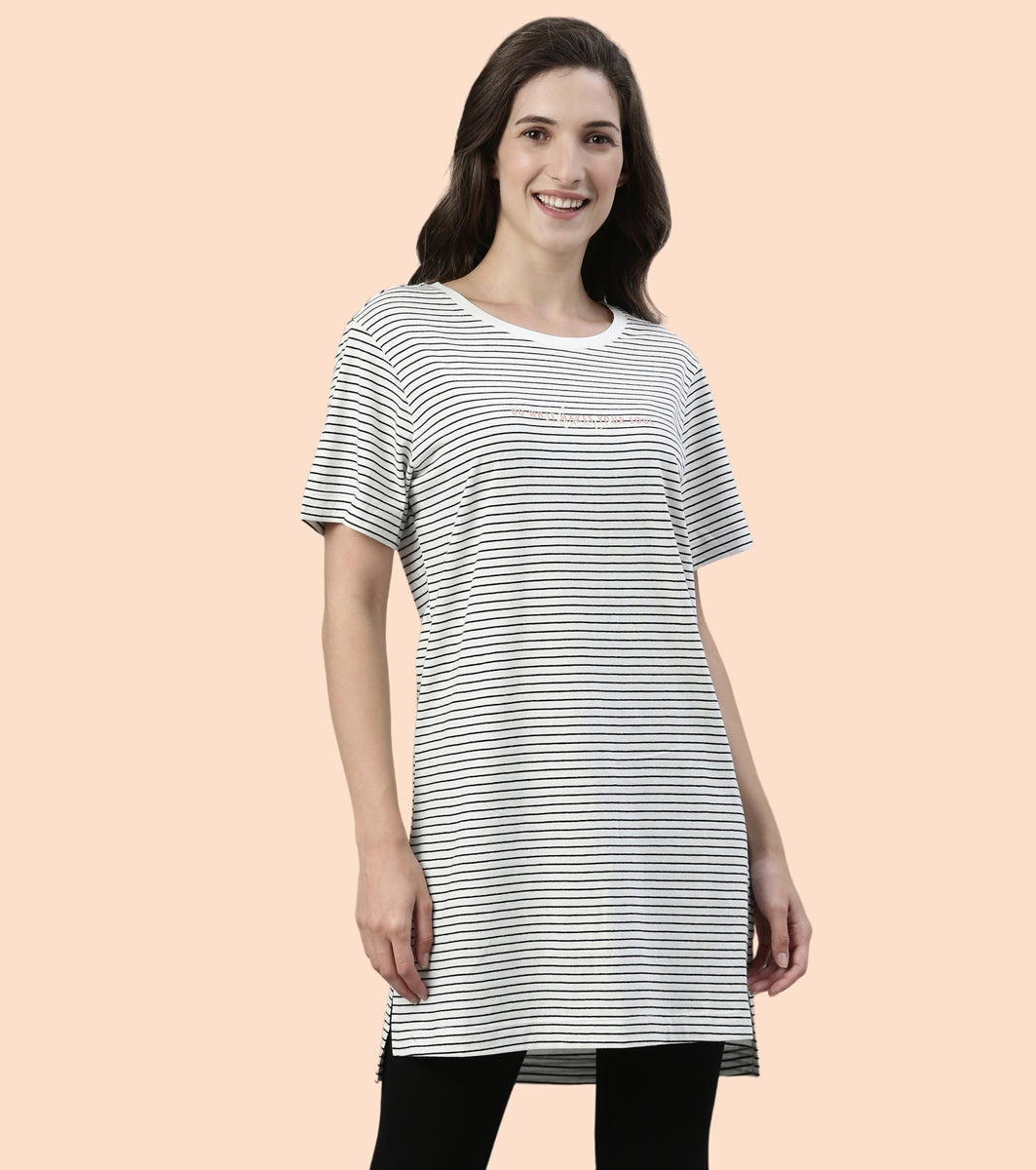 Tunic Tee – Stripes | Short Sleeve Tunic Tee With Side Slit & Mindful Graphic