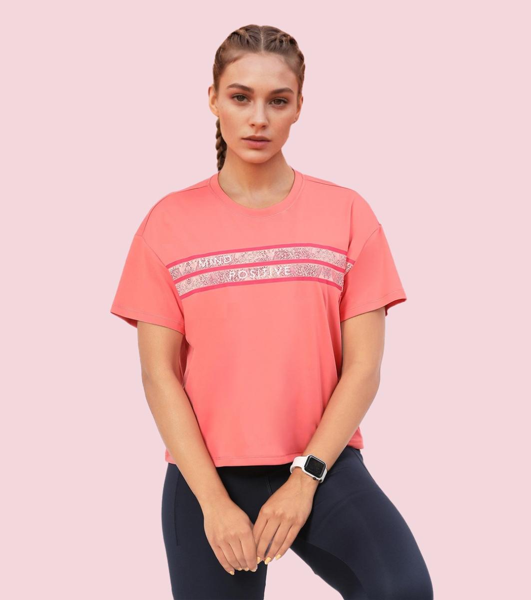 Enamor A311 Typographic Printed Drop Shoulder Sleeves Relaxed Fit Crop T-shirt - Coral Pink-Mind Positive