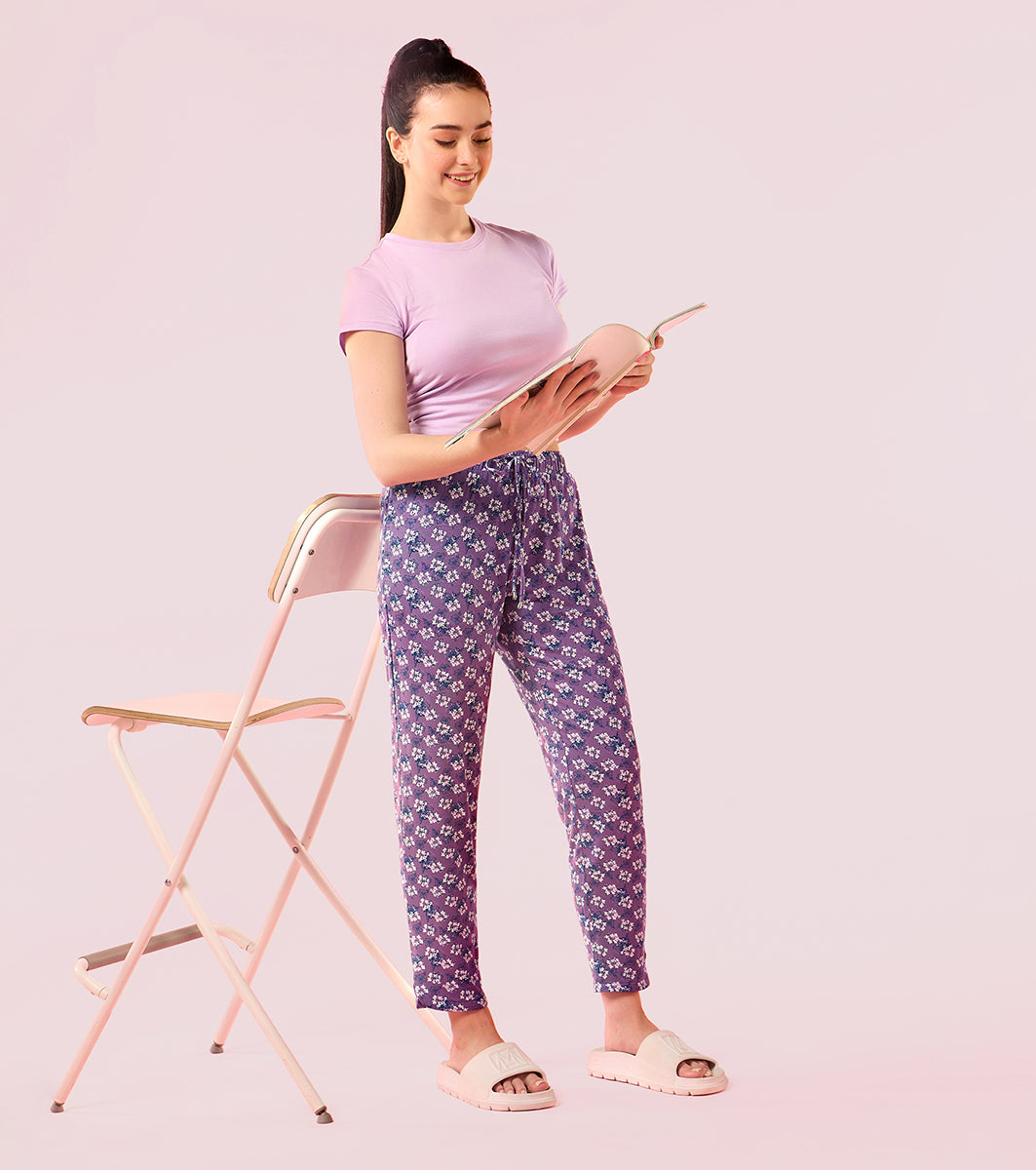 Enamor E048 Tapered Lounge Pants with Drawstring Details with Metal Ends - Chalky Violet Flower Prt