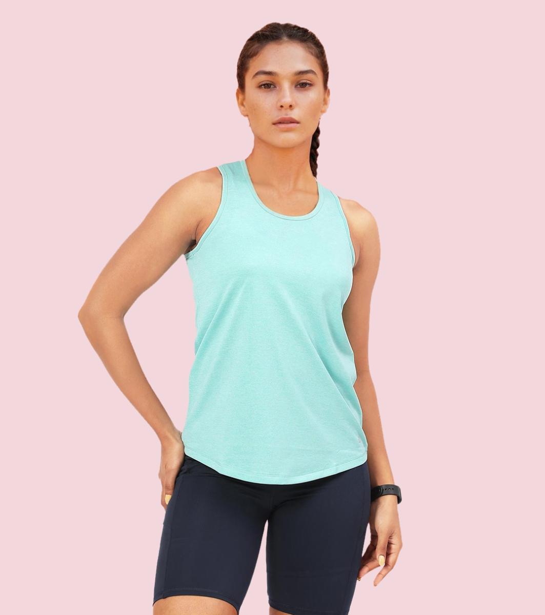 Enamor A308 Women Crew Neck Sleeveless Slim Fit Activewear Workout T-Shirt - Pool Blue Mel