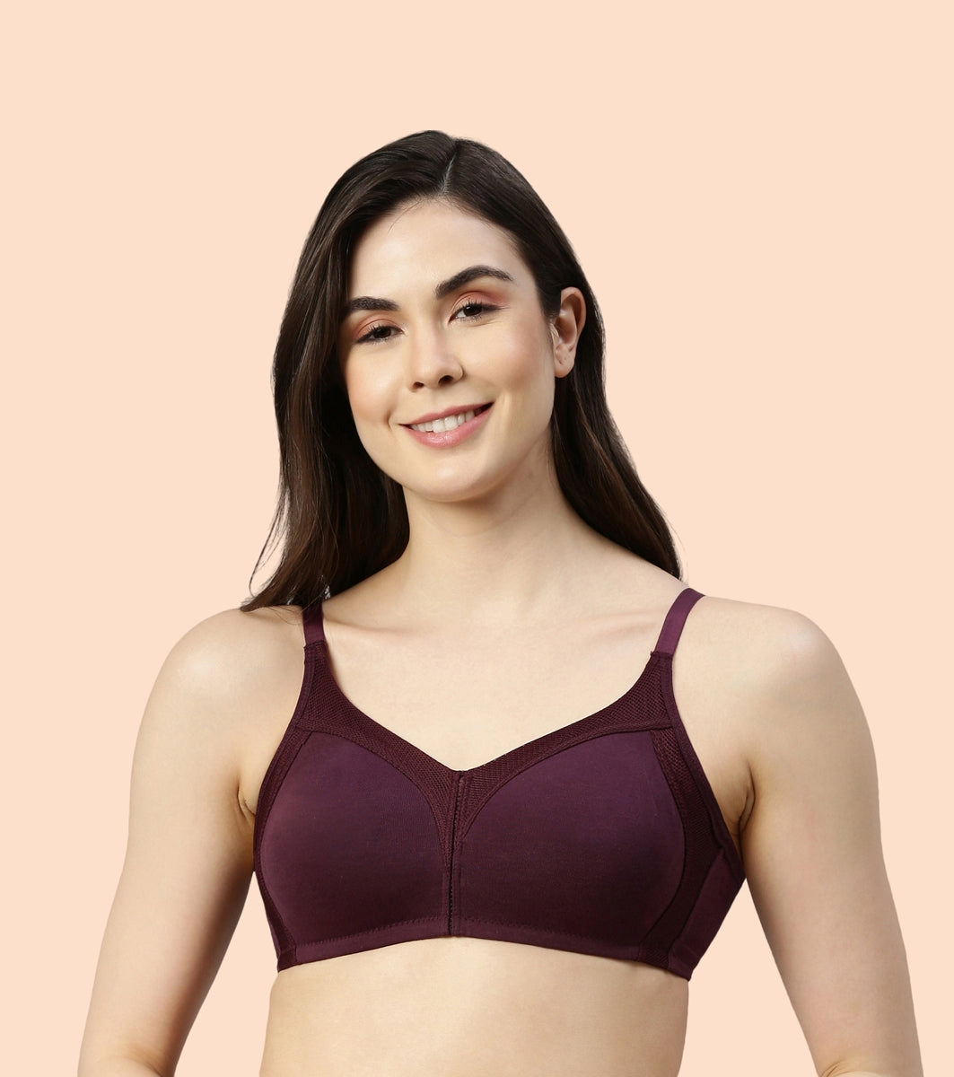 Enamor Fab-Cool AB75 M-frame Jiggle Control Full Support Stretch Cotton Bra for Women- Full Coverage, Non Padded and Wirefree - Purple