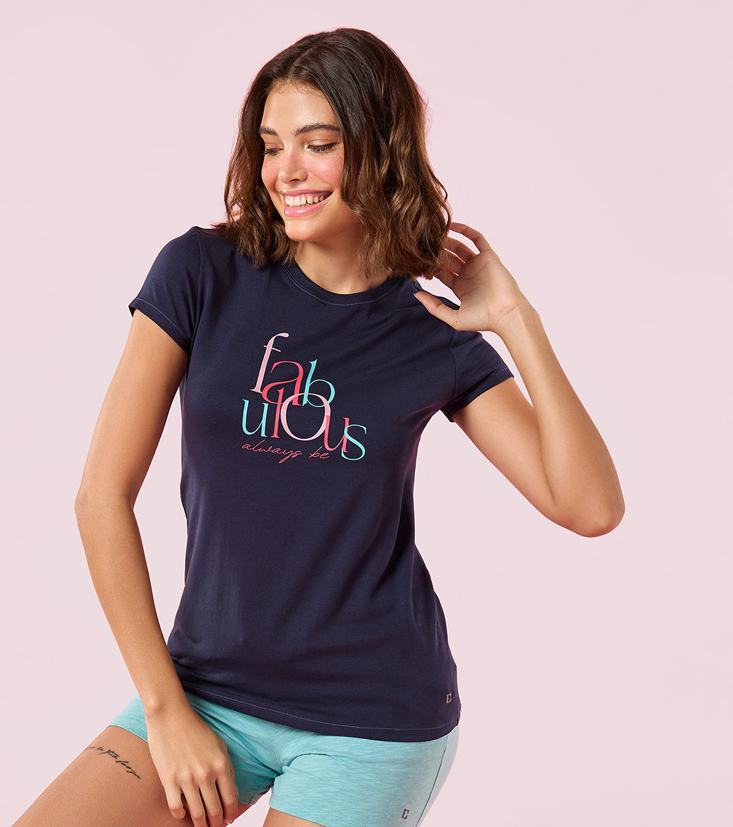 Enamor E147 Short Sleeve Crew Neck Stretch Cotton T-Shirt with Graphic Print - Navy Fabulous