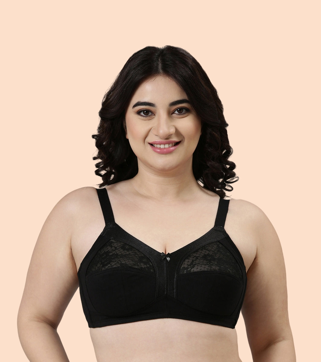 Enamor Fab-Cool A014 Super Contouring M-frame Full Support  Cotton Bra for Women- Full Coverage, Non Padded and Wirefree - Black