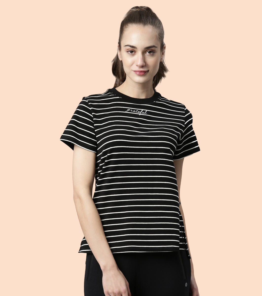 Active Cotton Tee -Stripes | Yarn Dyed Stripe Short Sleeve Anti-Odour Cotton Tee With Graphic