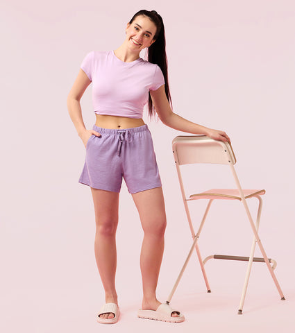 Enamor E062 Women Basic Shorts - Mid-Thigh Length Jersey Shorts With Pockets - Chalky Violet