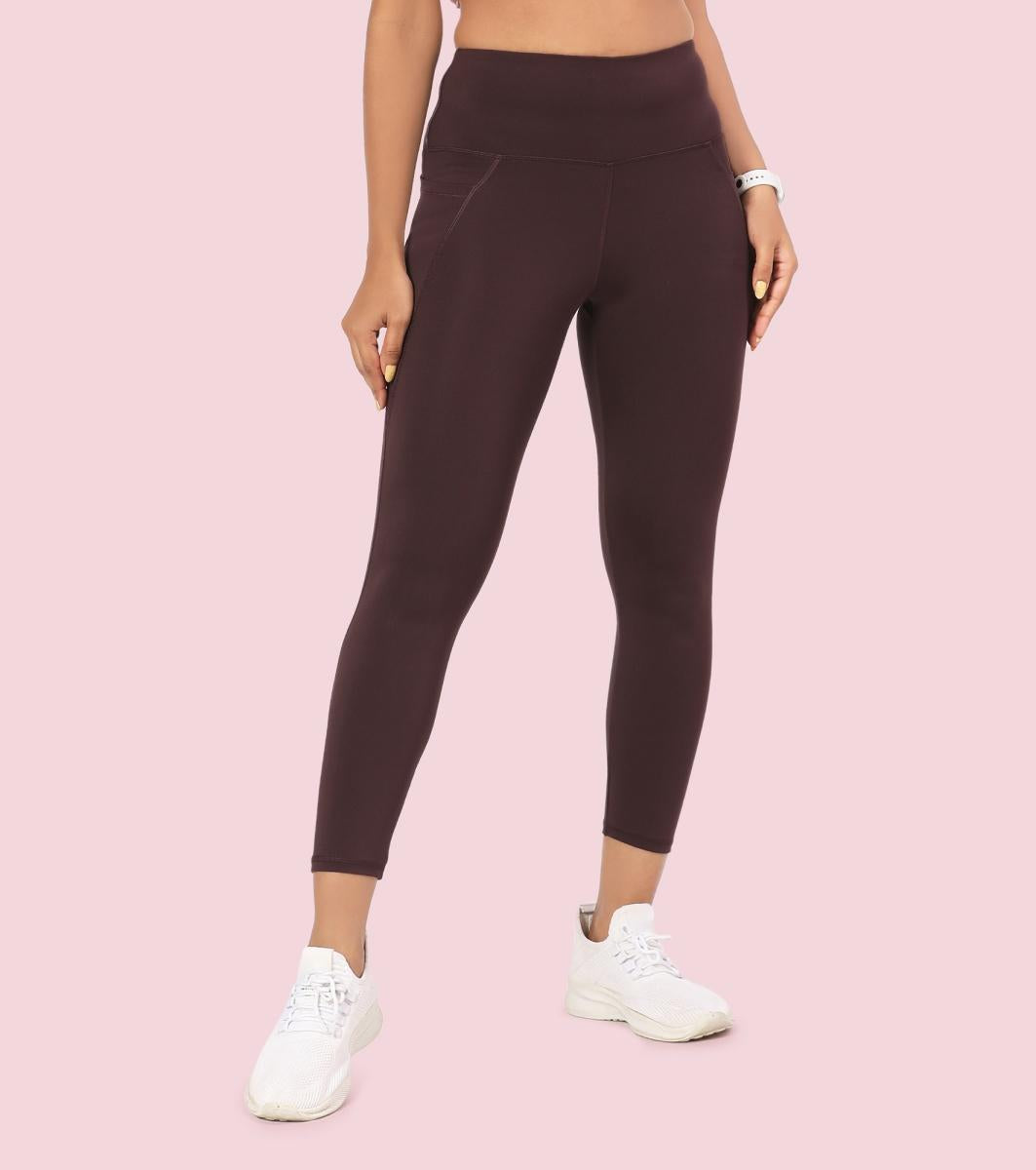 Enamor A605 Basic Quick Dry High Waist Basic Workout Leggings with Elasticated Waistband - Choco Fudge