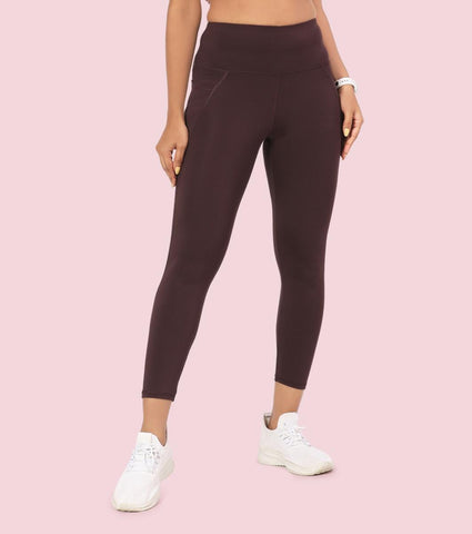 Enamor A605 Basic Quick Dry High Waist Basic Workout Leggings with Elasticated Waistband - Choco Fudge