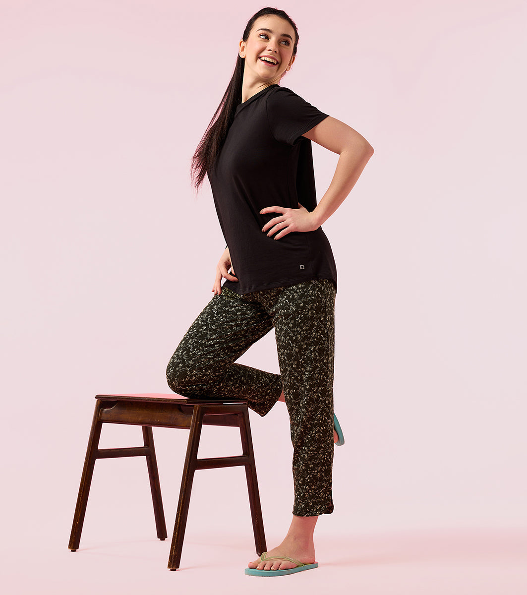 Enamor E048 Tapered Lounge Pants with Drawstring Details with Metal Ends - Sap Green Bloom Prt