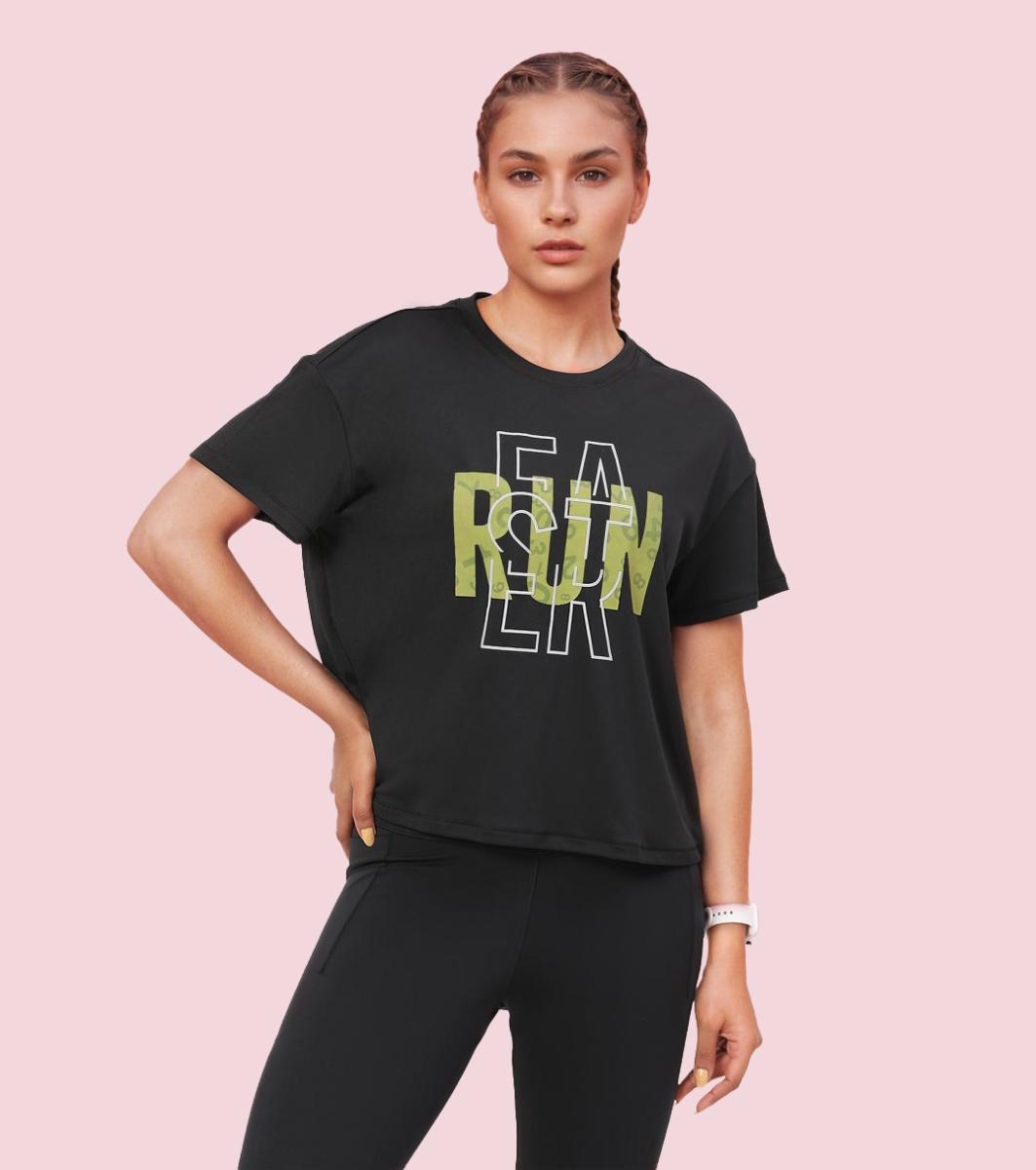 Enamor A311 Typographic Printed Drop Shoulder Sleeves Relaxed Fit Crop T-shirt - Jetblk-Run Faster