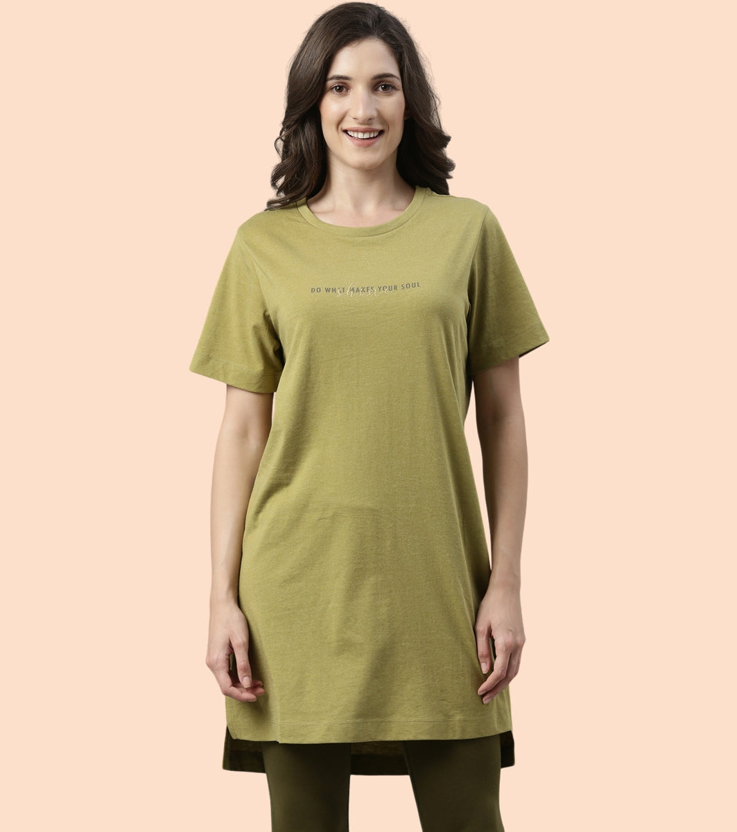 Tunic Tee – Solid | Short Sleeve Tunic Tee With Side Slit & Mindful Graphic