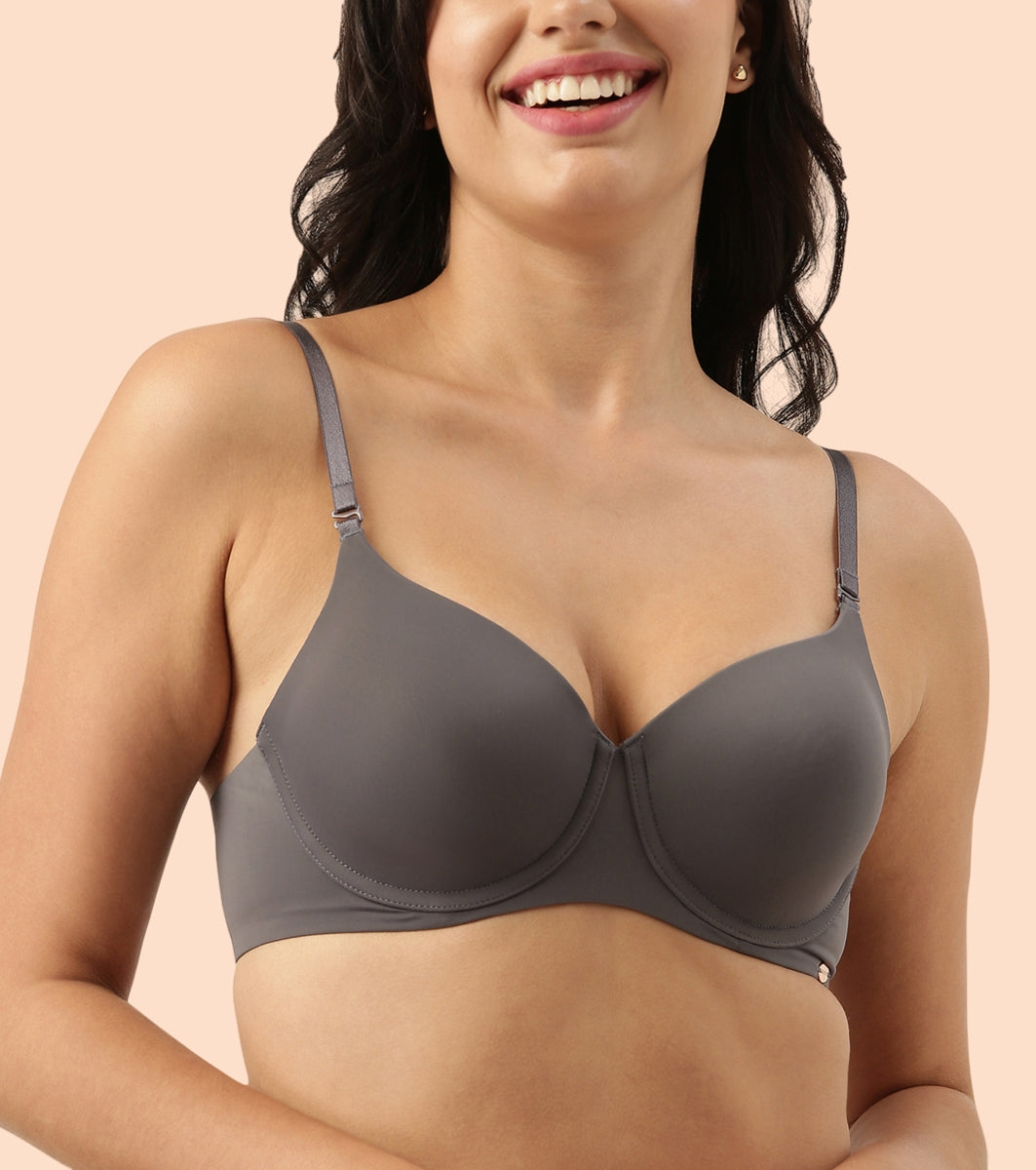 Enamor Dope Dye F057 Eco-Friendly T-shirt Bra for Women with Crush-Proof Cups- High Coverage, Padded And Wired - Ink Grey