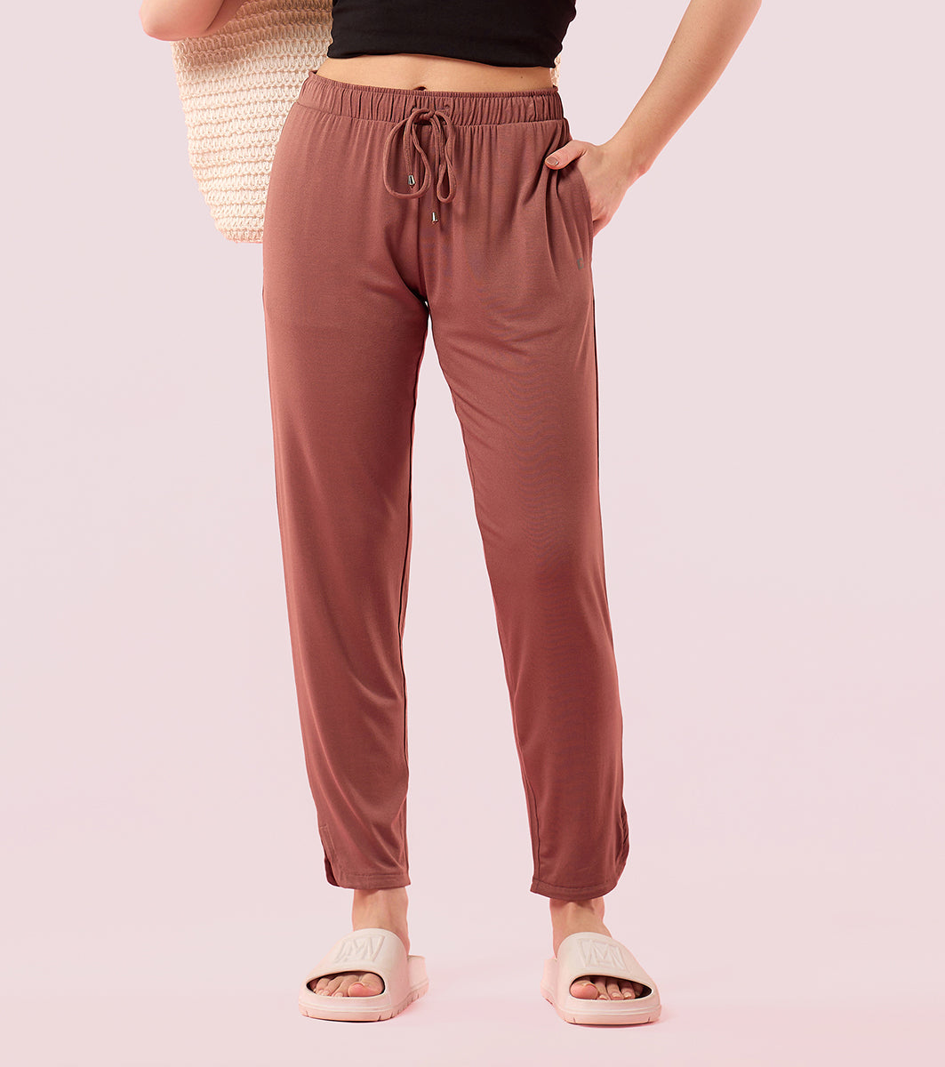 Enamor E048 Tapered Lounge Pants with Drawstring Details with Metal Ends - Nutmeg