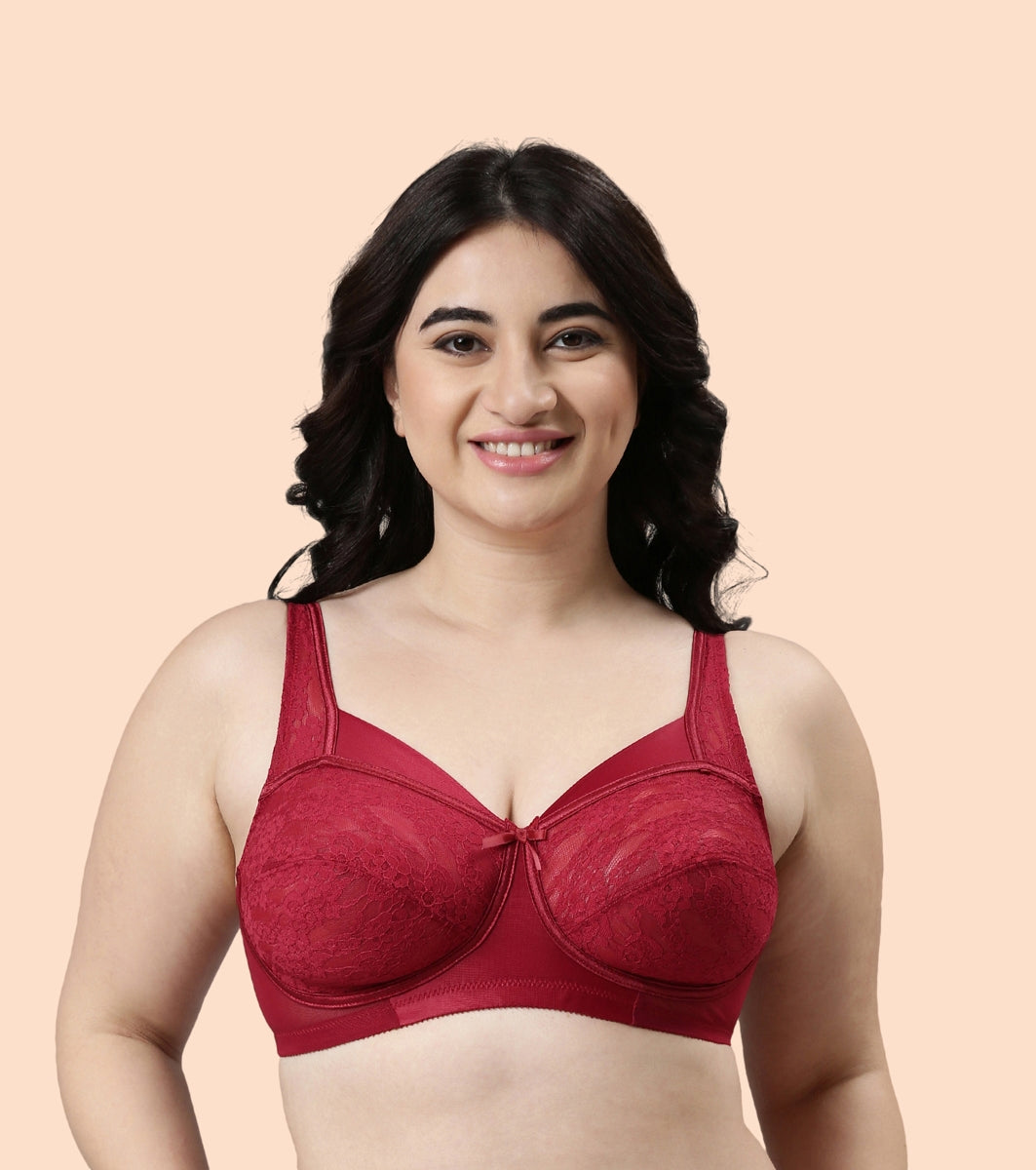 Enamor Full Support Classic Lace Lift Bra For Women - Non-Padded, Non-Wired, High Coverage Bra With Top Panel Support | FB06 | Masai