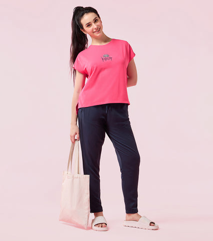 Enamor E3G7 Women Dolman Sleeve Crew Neck Cotton T-Shirt with Embroidered Graphic - Raspberry Rise Up