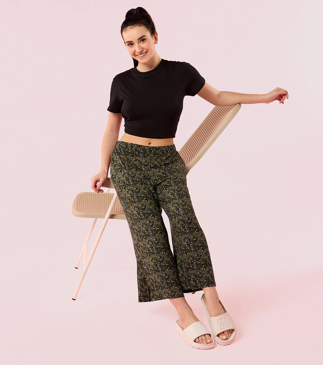 Enamor Essentials EA64 Shop In Culotte | Crop Length Culotte With Smart Side Slits - Olive Floral