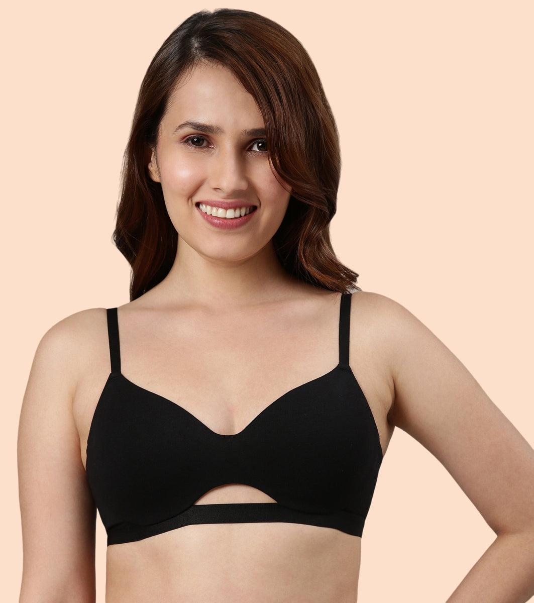 Enamor CloudSoft A032 Invisible Neckline Cotton T-shirt Bra for Women- Medium Coverage, Padded and Wirefree - Black