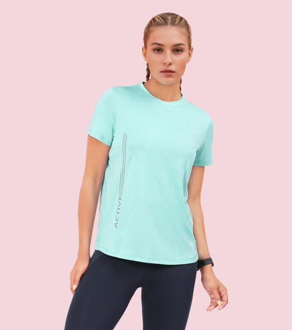 Enamor A309 Women Basic Workout Relaxed Fit Crew Neck Short Sleeve Tee with Reflective Active Graphic - Pool Blue Mel