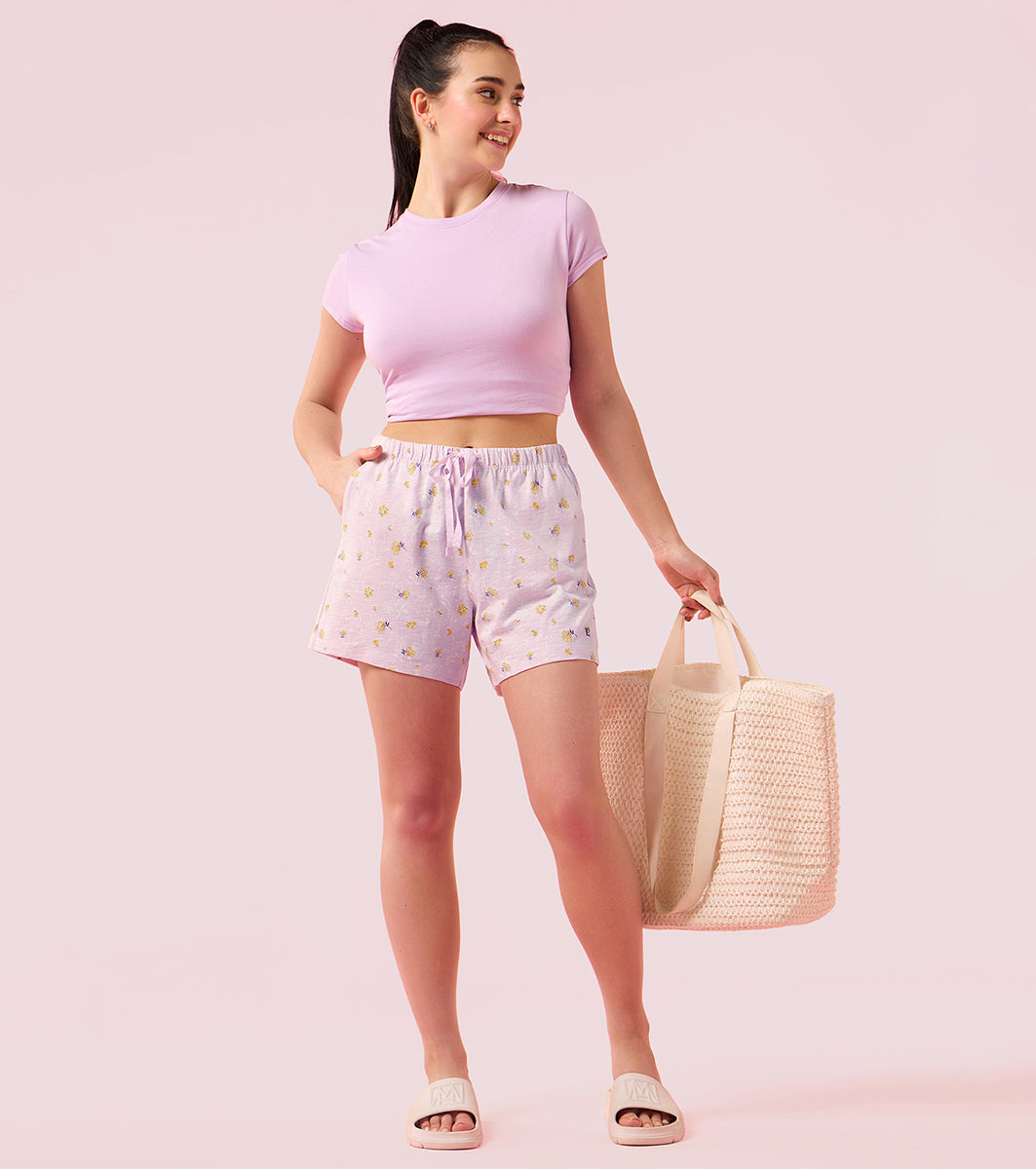 Enamor E062 Women Basic Shorts - Mid-Thigh Length Jersey Shorts With Pockets - Lavender Flower Bloom Prt