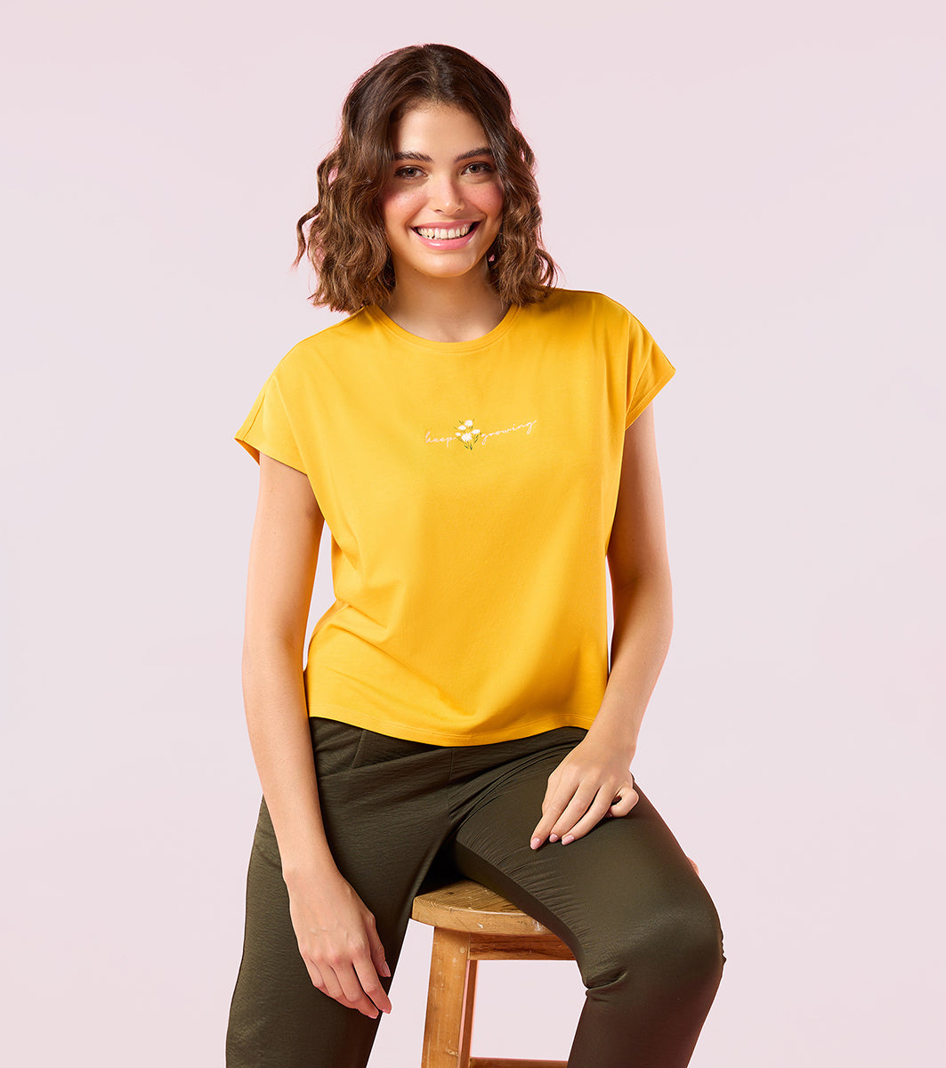 Enamor E3G7 Women Dolman Sleeve Crew Neck Cotton T-Shirt with Embroidered Graphic - Saffron Keep Growing