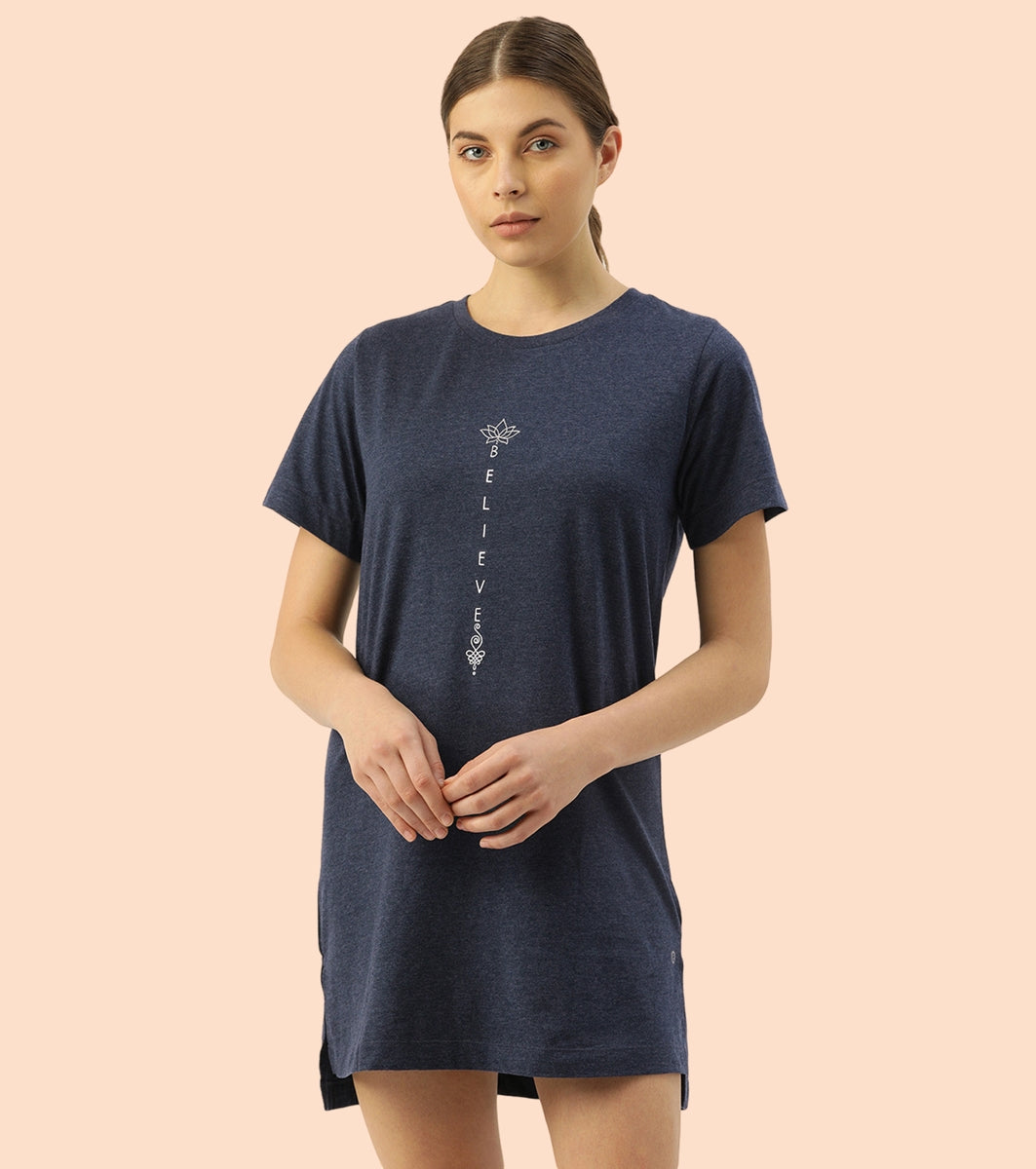 Tunic Tee – Solid | Short Sleeve Tunic Tee With Side Slit & Mindful Graphic