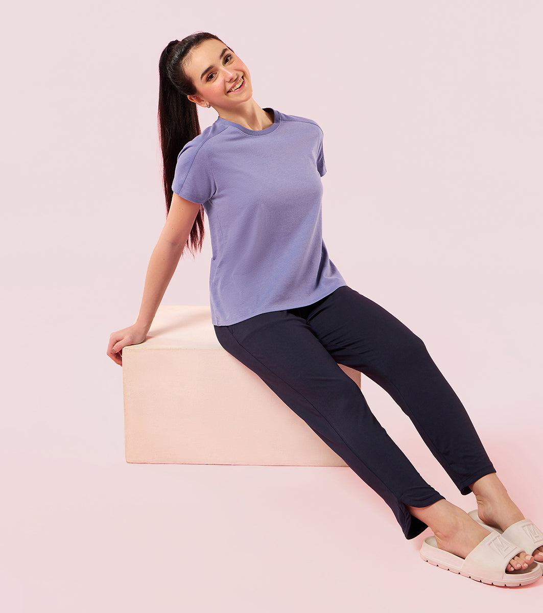 Enamor E306 Women Stretch Cotton with Rib Neck Band Cut & Sew Relaxed Fit T-Shirt - Chalky Violet Mel