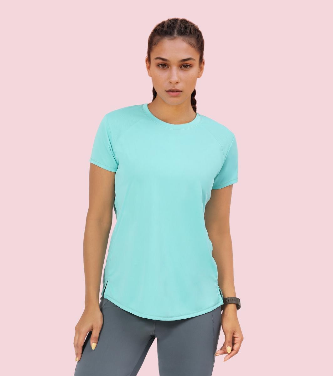 Enamor A313 Women Active Panel Quick Dry Relaxed Fit, Regular Length Workout T-Shirt - Pool Blue