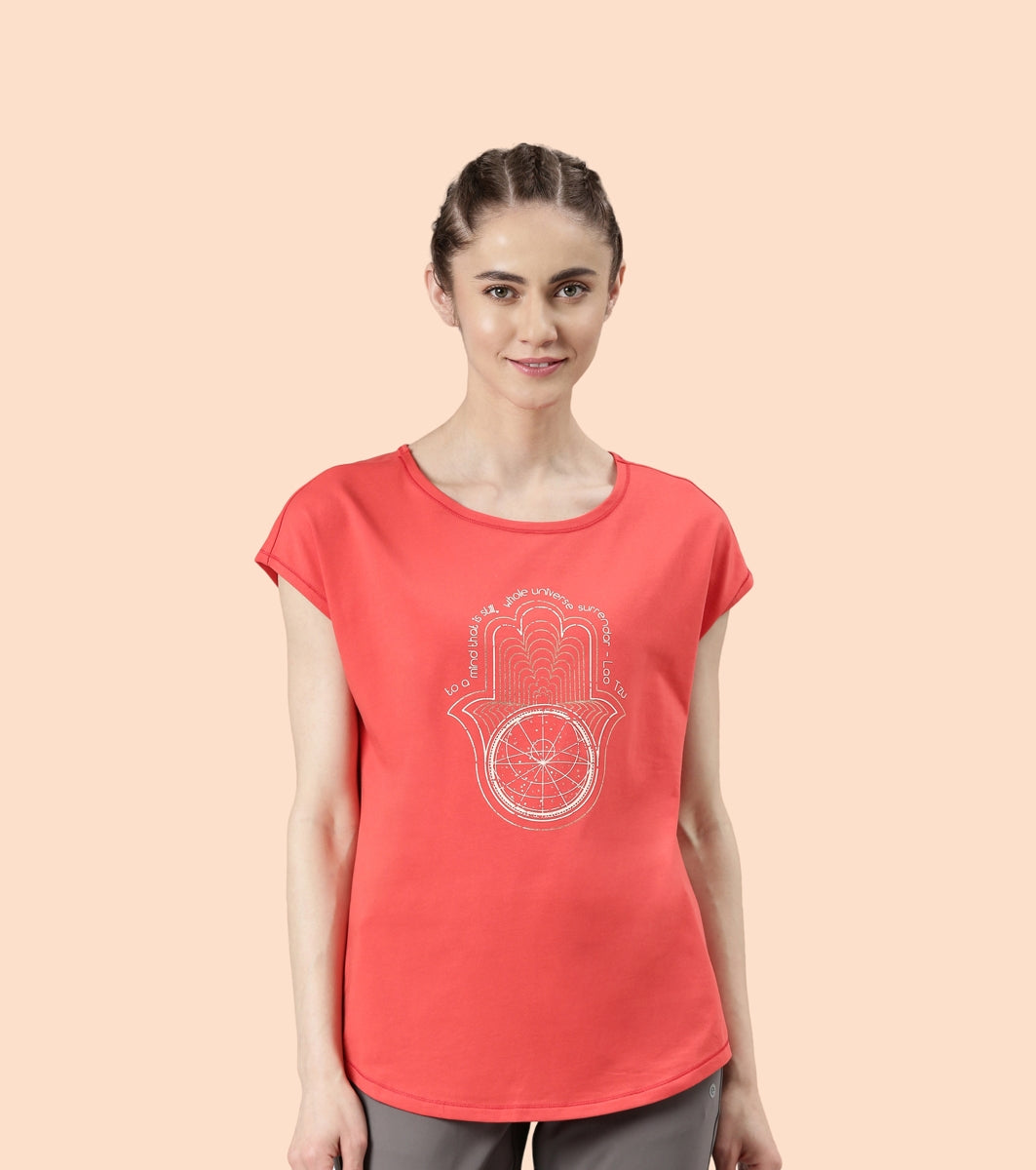 Enamor Meditate Anti-Odour Stretch Cotton Tee For Women | Graphic Printed Tee With Dolman Sleeve & Boat Neck Design | Candy Red Universe Graphic