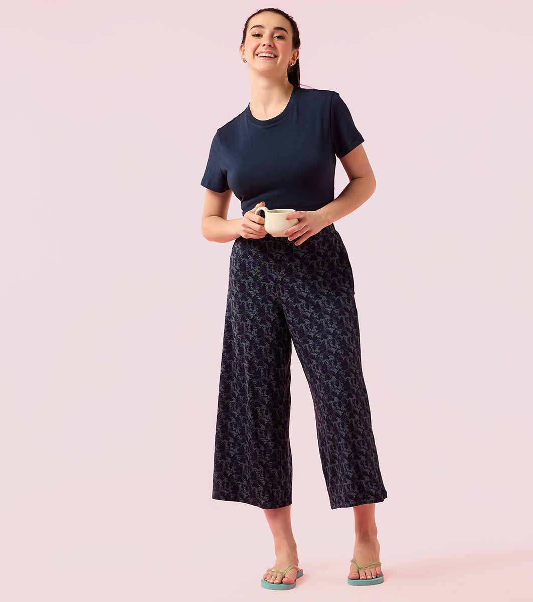 Enamor Essentials EA64 Shop In Culotte | Crop Length Culotte With Smart Side Slits - Navy Abstract