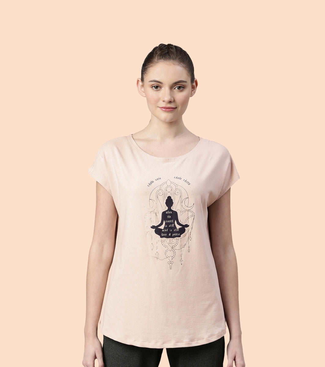 Meditate Tee | Dolman Sleeve Boat Neck Anti-Odour Stretch Cotton Graphic Printed Tee