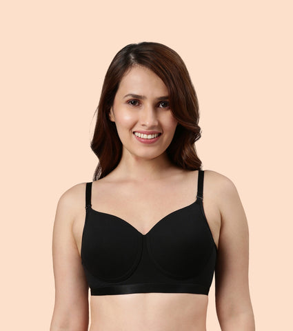 Enamor Fab-Cool A165 Antimicrobial Ultimate Coverage Cotton T-shirt Bra for Women- High Coverage, Padded and Wirefree - Black