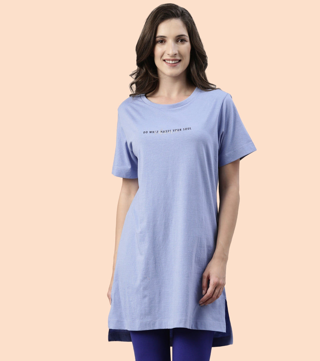 Tunic Tee – Solid | Short Sleeve Tunic Tee With Side Slit & Mindful Graphic